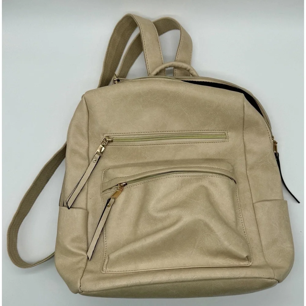 Faux Leather Backpack Purse Beige Cream Multi Pocket Travel Diaper Bag